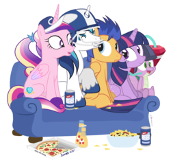 Size: 1284x1210 | Tagged: safe, artist:dm29, flash sentry, princess cadance, shining armor, spike, twilight sparkle, alicorn, dragon, pony, unicorn, g4, adoptive siblings, alcohol, american football, brother and sister, brother-in-law and sister-in-law, brothers-in-law, cap, chips, cider, couch, drinking hat, female, food, football helmet, gem helmet, hat, helmet, hoofball, husband and wife, looking at someone, looking at something, male, mare, nachos, not beer, pizza, pun, ship:flashlight, ship:shiningcadance, shipping, siblings, sisters-in-law, stallion, straight, super bowl, super bowl 50, twilight sparkle (alicorn)