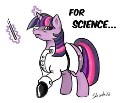 Size: 2608x2222 | Tagged: safe, artist:skunkiss, twilight sparkle, g4, artifact, clothes, female, for science, high res, knife, lab coat, mad scientist, solo