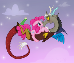 Size: 1148x982 | Tagged: safe, artist:blackyct, discord, pinkie pie, draconequus, earth pony, pony, g4, bedroom eyes, eye contact, female, flying, kissing, looking at each other, looking at someone, male, mare, ship:discopie, shipping, straight