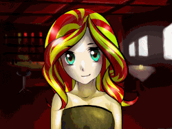 Size: 800x600 | Tagged: safe, artist:monochromacat, sunset shimmer, equestria girls, g4, animated, bar, beautiful, blushing, clothes, date, date night, female, flower, heart eyes, human coloration, looking at you, romance, rose, smiling, solo, valentine, valentine's day, when she smiles, wingding eyes