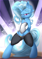 Size: 3000x4250 | Tagged: safe, artist:madacon, trixie, pony, unicorn, g4, belly button, bipedal, chest fluff, clothes, corset, female, fireworks, human shoulders, looking at you, pants, pubic fluff, smiling, solo, stage