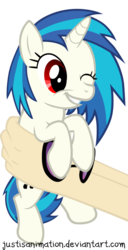 Size: 640x1249 | Tagged: safe, artist:justisanimation, dj pon-3, vinyl scratch, human, pony, g4, cute, female, hand, holding a pony, justis holds a pony, simple background, solo, transparent background, vinylbetes, wink, wrong eye color