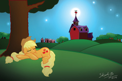 Size: 3455x2322 | Tagged: safe, artist:skunkiss, applejack, earth pony, pony, g4, female, high res, night, prone, sleeping, solo, sweet apple acres, under the tree