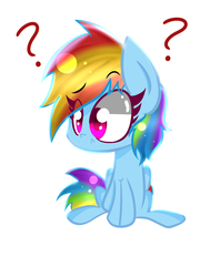 Size: 1267x1600 | Tagged: dead source, safe, artist:artypaints, rainbow dash, pegasus, pony, g4, :<, chibi, confused, cute, female, question mark, sitting, solo