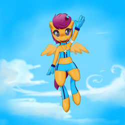 Size: 1280x1280 | Tagged: safe, artist:munkari, scootaloo, pegasus, anthro, unguligrade anthro, g4, armpits, bandaid, bandeau, clothes, cutie mark accessory, cutie mark necklace, female, gloves, jewelry, leg warmers, necklace, open mouth, open smile, rainbow dash's cutie mark, scootaloo can fly, shorts, sky background, smiling, solo, sports shorts