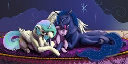 Size: 2048x1024 | Tagged: safe, artist:silfoe, princess celestia, princess luna, twilight sparkle, alicorn, pony, unicorn, g4, carpet, comforting twilight, cuddling, eyes closed, female, floppy ears, gritted teeth, hug, mare, maternaluna, momlestia, on side, prone, sad, snuggling, winghug