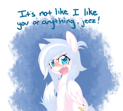 Size: 1132x1024 | Tagged: safe, artist:biscuitmango, oc, oc only, oc:sugar cloud, pegasus, pony, ask sugar cloud, blatant lies, blushing, female, mare, solo, tsundere