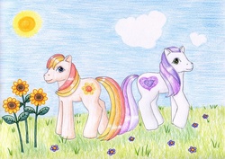 Size: 1024x725 | Tagged: safe, artist:normaleeinsane, lovey dovey (g3), sunny sparkles, g3, flower, traditional art