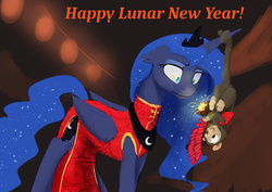 Size: 1280x905 | Tagged: safe, artist:silfoe, princess luna, monkey, royal sketchbook, g4, cheongsam, chinese new year, clothes, dress, female, firecracker, fireworks, floppy ears, red dress, solo, wide eyes, year of the monkey
