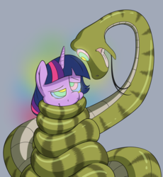 Size: 1280x1392 | Tagged: safe, artist:fluffyxai, twilight sparkle, pony, snake, g4, coils, cute, forked tongue, happy, hypno eyes, hypnosis, kaa eyes, long tongue, mind control, tongue out, wrapped up