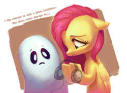 Size: 1940x1421 | Tagged: dead source, safe, artist:erudier, fluttershy, ghost, pegasus, pony, g4, crossover, duo, engrish, female, folded wings, headphones, holding, mare, napstablook, text, undertale