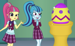 Size: 1120x700 | Tagged: safe, artist:bootsyslickmane, sonata dusk, sour sweet, fanfic:the shadowbolts adventures, equestria girls, g4, my little pony equestria girls: friendship games, alternate clothes, clothes, confused, crystal prep academy, crystal prep academy uniform, crystal prep shadowbolts, easter, easter egg, egg, excited, fanfic, fanfic art, irrational exuberance, looking at you, ponytail, school uniform, skirt, smiling, wat