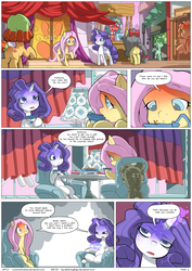 Size: 2480x3508 | Tagged: safe, artist:myfetishsituation, fluttershy, rarity, comic:fluttershy's big job, g4, cake, comic, cookie, food, high res, magic, tea