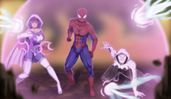 Size: 4571x2643 | Tagged: safe, artist:jeyrablue, twilight sparkle, human, g4, action pose, amethyst sorceress, clothes, costume, crossover, force field, gwen stacy, hoodie, humanized, male, peter parker, spider-gwen, spider-man, spiders and magic: rise of spider-mane, superhero, trio
