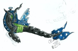 Size: 1404x929 | Tagged: safe, artist:flutterpaint, queen chrysalis, mermaid, merpony, g4, female, solo, traditional art