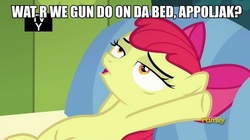 Size: 893x500 | Tagged: safe, edit, edited screencap, screencap, apple bloom, earth pony, pony, g4, bed, caption, female, filly, foal, image macro, meme, on bed, pillow, tv rating, tv-y, what are we gonna do on the bed?