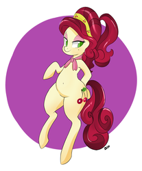 Size: 927x1117 | Tagged: safe, artist:hidden-cat, cherry jubilee, pony, g4, belly button, bipedal, female, solo