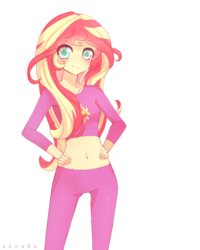 Size: 800x1000 | Tagged: safe, artist:riouku, sunset shimmer, equestria girls, g4, belly button, clothes, commission, female, hand on hip, midriff, pajamas, short shirt, smiling, solo