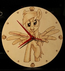 Size: 1280x1404 | Tagged: safe, artist:horseez, derpy hooves, pegasus, pony, g4, clock, craft, female, mare, pyrography, solo, woodwork