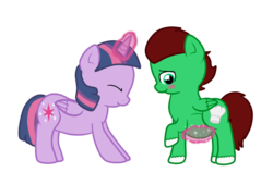 Size: 1264x800 | Tagged: safe, artist:jolteongirl, twilight sparkle, oc, oc:northern haste, alicorn, pony, g4, blushing, commission, female, implied magical straight spawn, male pregnancy, mare, pregnant, pregnant expansion, spell, twilight sparkle (alicorn)