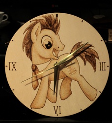 Size: 1280x1403 | Tagged: safe, artist:horseez, doctor whooves, time turner, earth pony, pony, g4, clock, craft, male, pyrography, stallion, woodwork