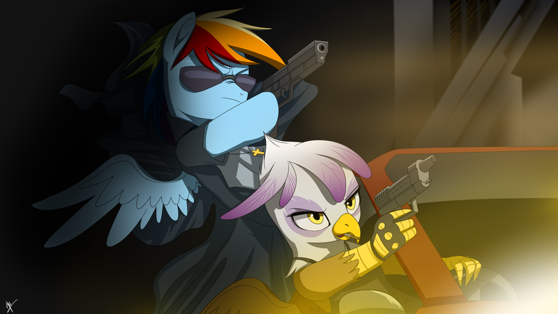 Safe Artist Supermare Gilda Rainbow Dash Griffon Pony Bipedal Black Lagoon Car Cigarette Clothes Cross Crossover Drive By Gun Maryke Hendrikse Nun Revy Sister Eda Sunglasses Voice Actor Joke Weapon Derpibooru