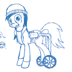 Size: 888x888 | Tagged: safe, artist:nixianisky-alyans, pony, clothes, hat, jacket, lego, parody, ponified, sketch, solo, traditional art, wheelchair