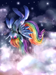 Size: 1500x2000 | Tagged: safe, artist:karmamoonshadow, rainbow dash, pegasus, pony, g4, cloud, female, flying, mare, smiling, solo, spread wings