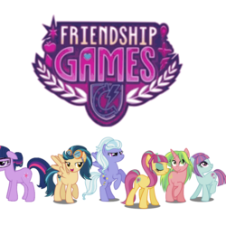 Size: 768x768 | Tagged: safe, artist:pinkiethepowerpuff, indigo zap, lemon zest, sci-twi, sour sweet, sugarcoat, sunny flare, twilight sparkle, pony, unicorn, equestria girls, g4, my little pony equestria girls: friendship games, crystal prep shadowbolts, equestria girls ponified, floppy ears, goggles, ponified, rearing, shadow six, simple background, text, unicorn sci-twi, white background