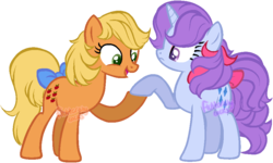 Size: 946x567 | Tagged: safe, artist:skulifuck, applejack (g1), sparkler (g1), earth pony, pony, g1, g4, duo, female, g1 to g4, generation leap, holding hooves, mare, simple background, transparent background, watermark