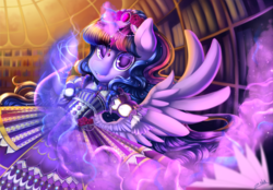 Size: 4211x2929 | Tagged: safe, artist:zodiacnicola, twilight sparkle, alicorn, pony, g4, clothes, dress, female, library, mare, solo, twilight sparkle (alicorn)