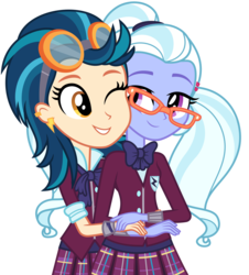 Size: 3000x3315 | Tagged: safe, artist:ambassad0r, indigo zap, sugarcoat, equestria girls, g4, my little pony equestria girls: friendship games, clothes, crystal prep academy, crystal prep academy uniform, crystal prep shadowbolts, ear piercing, female, glasses, goggles, high res, lesbian, necktie, one eye closed, piercing, pleated skirt, school uniform, ship:sugarzap, shipping, simple background, skirt, smiling, transparent background, vector, wink, wristband