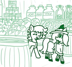 Size: 640x600 | Tagged: safe, artist:ficficponyfic, oc, oc only, oc:emerald jewel, oc:ruby rouge, colt quest, apple, barrel, barrels, bottle, child, clothes, colt, concerned, cork, eyes closed, female, femboy, filly, food, grocery store, hat, keg, lettuce, male, monochrome, onion, potato, shopping, smirk, store, story included, tomboy, wood, wooden floor
