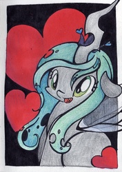 Size: 3350x4739 | Tagged: safe, artist:cutepencilcase, queen chrysalis, changeling, changeling queen, g4, cute, cutealis, female, heart, smiling, solo, traditional art