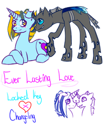 Size: 1240x1500 | Tagged: safe, artist:unlocked-shenanigans, oc, oc only, oc:locked key, changeling, pony, unicorn, female, heart, interspecies, male, nuzzling, straight