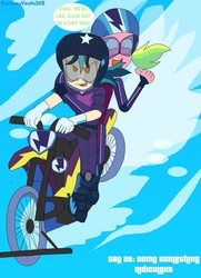 Size: 2562x3543 | Tagged: safe, artist:rainbowyoshi305, indigo zap, lemon zest, equestria girls, g4, my little pony equestria girls: friendship games, female, helmet, high res, jesus christ, lesbian, motorcross, motorcycle, riding in tandem, ship:lemonzap, shipping, water