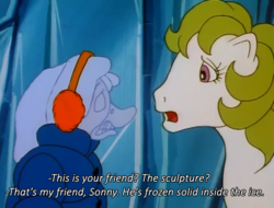 Size: 1009x768 | Tagged: safe, screencap, sunny the duck, surprise, duck, baby it's cold outside, g1, my little pony 'n friends, darker and edgier, frozen, nightmare fuel, subtitles, you know for kids