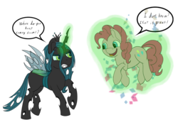 Size: 2039x1378 | Tagged: safe, artist:lula-moonarts, pinkie pie, queen chrysalis, g4, glowing horn, horn, magic, telekinesis