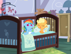 Size: 1128x858 | Tagged: safe, artist:ducktective, edit, vector edit, applejack, rainbow dash, earth pony, pegasus, pony, g4, age regression, baby, baby dash, baby pony, babyjack, crib, diaper, female, foal, messy diaper, stink lines, vector