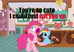 Size: 1466x1034 | Tagged: safe, artist:ducktective, edit, vector edit, pinkie pie, rainbow dash, earth pony, pony, fanfic:cupcakes, g4, age regression, baby, baby pony, cute, dashabetes, female, grimderp, imminent vore, implied vore, joke, mare, text, vector, wat, why