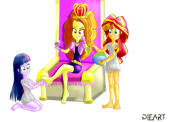 Size: 2330x1660 | Tagged: safe, artist:dieart77, adagio dazzle, sunset shimmer, twilight sparkle, equestria girls, g4, alcohol, bad end, barefoot, clothes, commission, crown, dirty, dress, feet, food, grapes, mind control, slave, throne, torn clothes, twilight sparkle (alicorn), wine