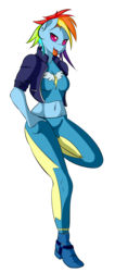 Size: 1033x2436 | Tagged: safe, artist:salamishowdown, rainbow dash, anthro, g4, belly button, clothes, female, leaning, leather jacket, midriff, piercing, simple background, solo, tongue out, tongue piercing, transparent background, wonderbolts uniform