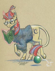 Size: 1024x1323 | Tagged: safe, artist:moviedragon009v2, moondancer, classical unicorn, g4, ball, book, female, glowing horn, horn, leonine tail, magic, reading, solo, telekinesis, traditional art, watermark