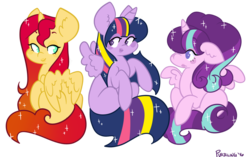 Size: 1280x806 | Tagged: safe, artist:purrling, starlight glimmer, sunset shimmer, twilight sparkle, alicorn, pony, g4, alicornified, counterparts, magical trio, race swap, s5 starlight, shimmercorn, shoujo sparkles, sparkles, species swap, starlicorn, trio, twilight sparkle (alicorn)