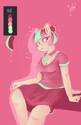 Size: 900x1391 | Tagged: safe, artist:aquaticsun, coco pommel, earth pony, anthro, g4, clothes, female, food, limited palette, sitting, solo, watermelon