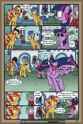 Size: 1024x1536 | Tagged: safe, artist:burning-heart-brony, flash sentry, spike, sunset shimmer, twilight sparkle, alicorn, pony, comic:friendship isnt canon, g4, awkward, bow, bowtie, chocolate, comic, crying, female, food, glasses, hair bow, hearts and hooves day, implied flashlight, implied sparity, implied sunsetspike, mare, ponytail, twilight sparkle (alicorn)