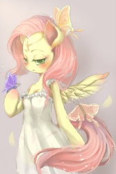 Size: 419x628 | Tagged: safe, artist:sugarcubeee, fluttershy, butterfly, anthro, g4, arm hooves, clothes, dress, female, lidded eyes, looking at you, solo