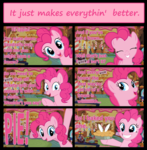 Size: 1600x1634 | Tagged: safe, artist:phucknuckl, angel bunny, pinkie pie, g4, comic, food, pie, pink, pink text