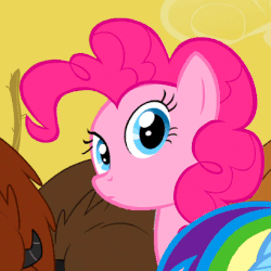 Size: 410x410 | Tagged: safe, screencap, pinkie pie, rainbow dash, bison, buffalo, pony, g4, over a barrel, animated, blinking, female, headbob, unnamed buffalo, unnamed character