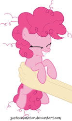 Size: 4766x7999 | Tagged: safe, artist:justisanimation, pinkie pie, earth pony, human, pony, g4, absurd resolution, cute, diapinkes, eyes closed, female, filly, filly pinkie pie, hand, holding a pony, justis holds a pony, offscreen character, simple background, smiling, solo, transparent background, vector, younger